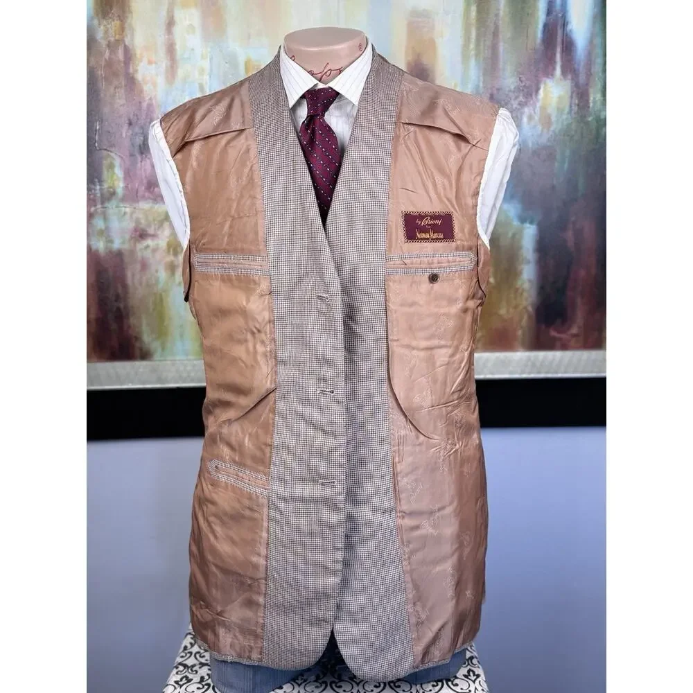 Brioni Nomentano Blazer 44L Cashmere Silk Cream Orange Houndstooth Sport Coat